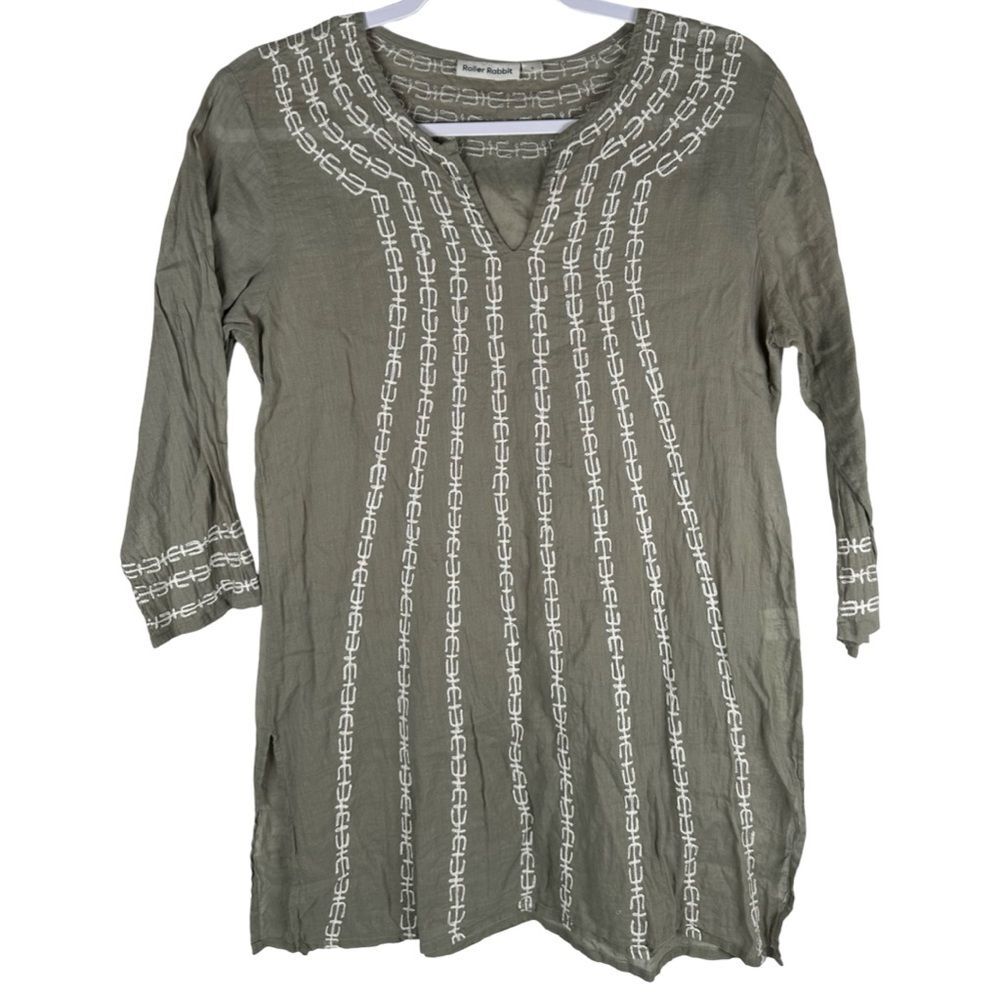 Roller Rabbit Khaki Green Chain Embroidered Cotton 3/4 Sleeve Tunic Top Small